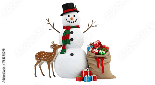 Christmas snowman with deer and gifts isolated on transparent background