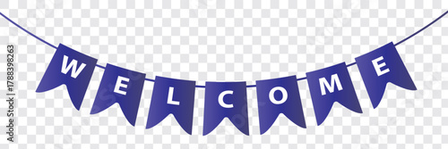 Welcome card or banner with typography design. Vector illustration with retro light bulbs font, streamers, confetti and hanging flag garlands. Welcome card concept, typography Best design. Eps 10.