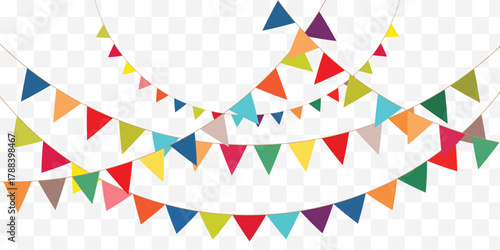 Festive flag garlands vector illustration. Triangle buntings in simple flat style, isolated on white background. Carnival, birthday, circus, anniversary party design decoration. Best Design. EPS 10.