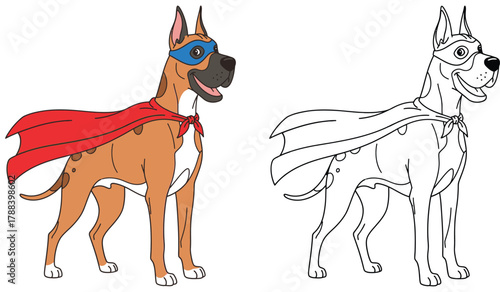 Super Boxer Dog Hero in Red Cape and Blue Mask - Ready to Save the Day! Line Art Included for Coloring Fun.