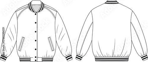 Varsity bomber jacket flat sketch, CAD technical drawing, vector illustration of fashion outerwear front and back view with rib details