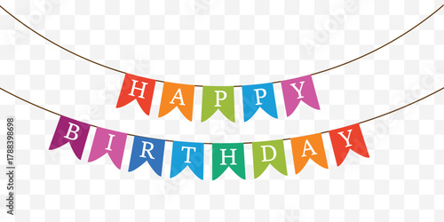 Bunting pennant and flag. Multicolored fabric bright triangles hang on birthday party. Festive handmade paper garlands string up and adorn for graduation. Vector set. Festive event or holiday. EPS 10.