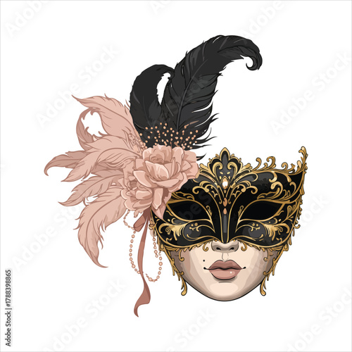 Elegant venetian mask adorned with feathers and rose floral design