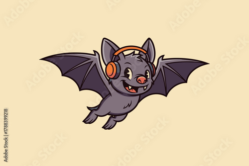Cute cartoon bat flying happily wearing vibrant orange headphone