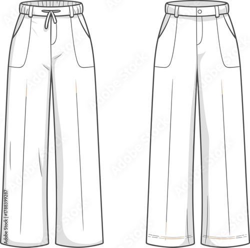 Wide leg women pants fashion technical flat sketch, front view trouser design with drawstring waist and pocket detail, cad drawing flat vector illustration