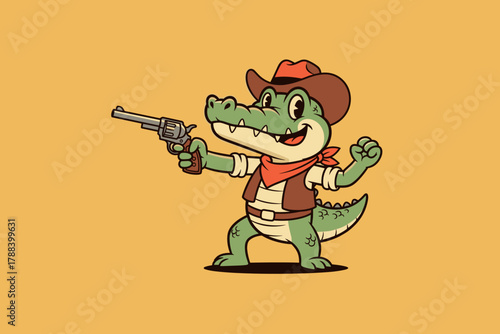 Cartoon Alligator Cowboy with Revolver.