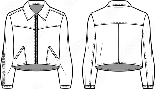 Women's cropped jacket flat sketch, CAD technical fashion drawing, vector illustration showing front and back design with zipper and pockets
