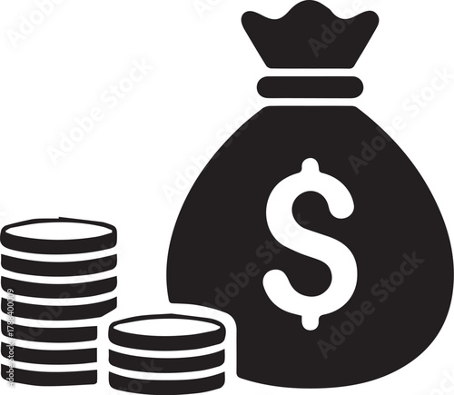 Money Bag and Coins: A money bag, emblazoned with a dollar sign, sits beside stacks of coins, a simple yet impactful representation of financial wealth and prosperity.