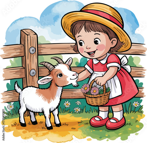 A young girl in a red dress and straw hat offers a flower to a small goat.