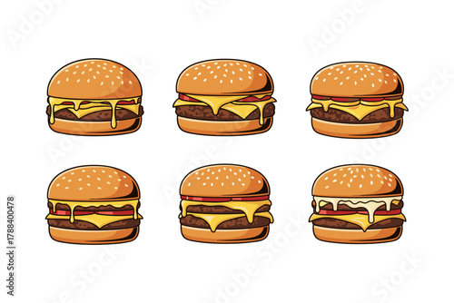 Six Delicious Cheeseburgers with Melted Cheese and Sesame Buns.