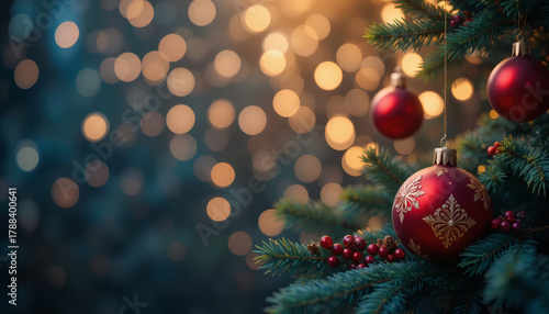 Christmas background with red and gold ornaments, pine branches, and bokeh lights, festive mood