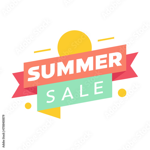 Colorful summer sale banner with sun and geometric shapes