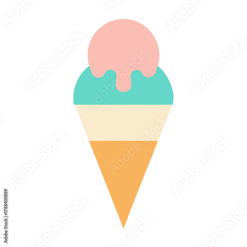 Colorful layered ice cream cone with pink scoop on top