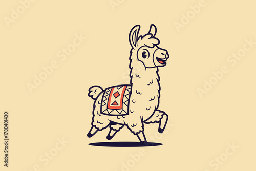 Cute Cartoon Llama with Traditional Saddle Blanket Illustration.