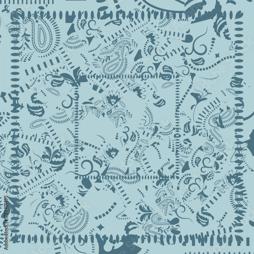 Retro bandana with paisley pattern. Abstract floral design. retro bandanna print in blue tones, featuring ethnic ornaments and abstract swirls.