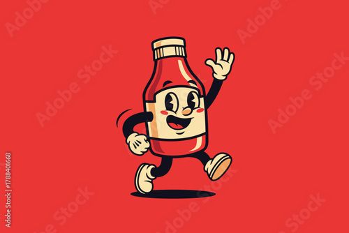 Retro Cartoon Ketchup Bottle Character Waving and Walking.