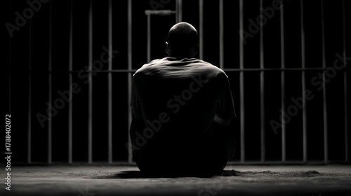 A somber male figure sits in solitude, silhouetted against the cold bars of a prison cell, evoking feelings of despair.