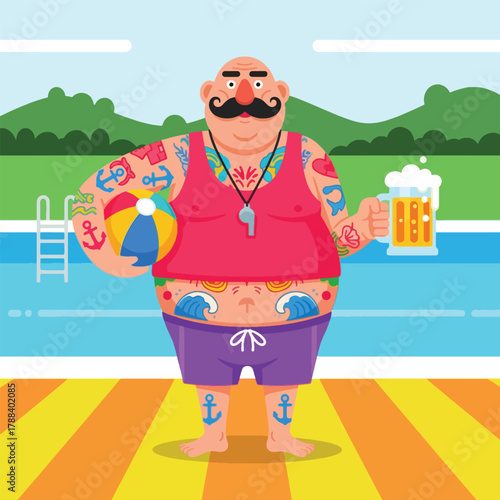 Tattooed lifeguard holding a beach ball and a beer by the pool