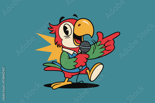 Cartoon Parrot Singing with Microphone Retro Mascot Character.