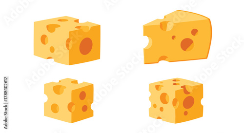 Various cuts of golden-yellow cheese, including cubes and a triangular wedge, all featuring characteristic holes.
