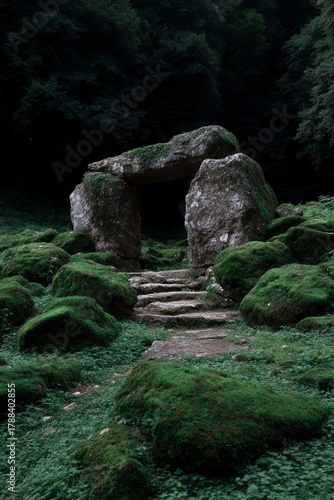 Dolmen Stone Structure Among Mossy Rocks in Forest