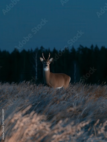 Lone Deer in Tall Grass at Night
