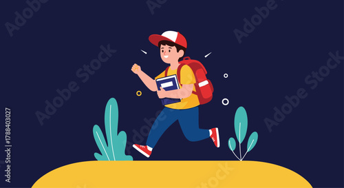 A cheerful schoolboy wearing a cap, backpack, and holding a book is actively running, full of enthusiasm for learning and new experiences.