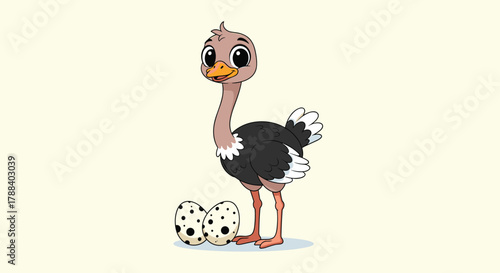 A friendly and cute cartoon ostrich stands beside two large, spotted eggs on a light background, ready for a fun, child-friendly theme.