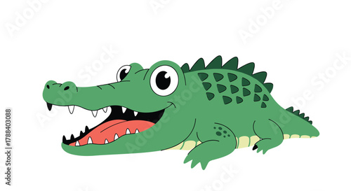 A cheerful green cartoon alligator with big round eyes smiles widely, showing its tongue and sharp teeth, against a white background.