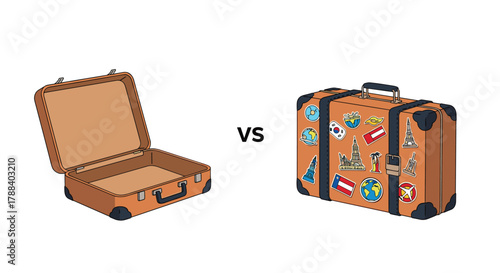 An open, empty suitcase stands opposite a closed, sticker-covered luggage, symbolizing the contrast between preparing for travel and cherished memories.