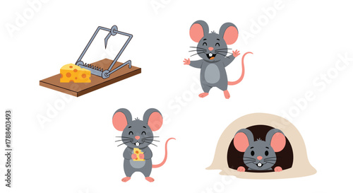 Cute cartoon mice and a mousetrap with cheese illustrate common mouse-related concepts and scenarios.