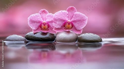 Two pink orchids with water droplets rest on smooth stones, reflecting in a serene pool