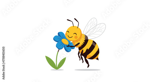 A cheerful cartoon bee with a striped body and transparent wings happily hovers near a vibrant blue flower.