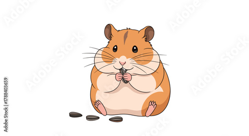 An adorable, fluffy cartoon hamster with big cheeks happily eats a sunflower seed, sitting with more seeds on a clean white background.