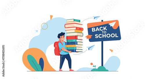 A cheerful student with a backpack carries a towering stack of books, ready for the new academic year as a Back to School sign stands by.