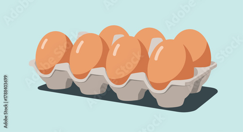 Six brown eggs are presented in an open, light gray egg carton on a pale blue surface, depicted with a clean, flat aesthetic.