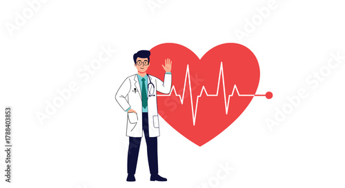 A friendly male doctor stands with a large red heart showing an ECG heartbeat, symbolizing cardiovascular health and professional medical care.