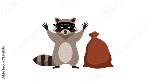 A cartoon raccoon bandit with a black mask raises its paws in surrender next to a brown sack of loot.