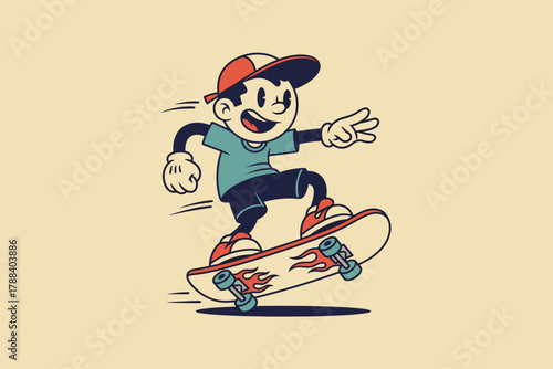 Happy retro cartoon boy skateboarding with a joyful expression.