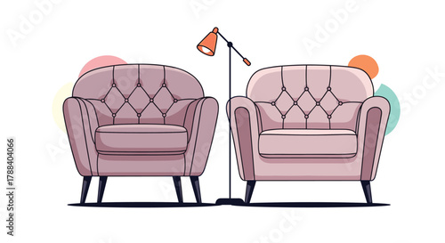 Two cozy pink armchairs with tufted backs and a modern floor lamp creating a comfortable and inviting seating arrangement.