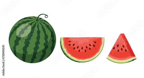 A vibrant cartoon illustration depicting a whole watermelon, a half-slice, and a triangular wedge, showcasing red flesh and black seeds on a clean white background.