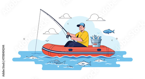 A happy man in a blue hat and yellow shirt sits in an inflatable boat, successfully fishing with a rod and having caught several fish.