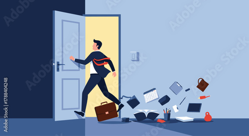 A busy businessman rushes out of a door, leaving behind a chaotic trail of scattered office items, symbolizing urgency and disorganization.