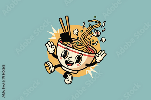 Happy anthropomorphic ramen bowl mascot character with chopstick