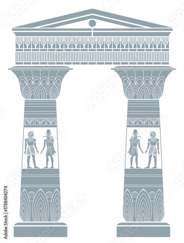 Vector illustration of ancient Egyptian temple columns decorated with hieroglyphic figures, lotus ornaments, and symbolic architectural details.