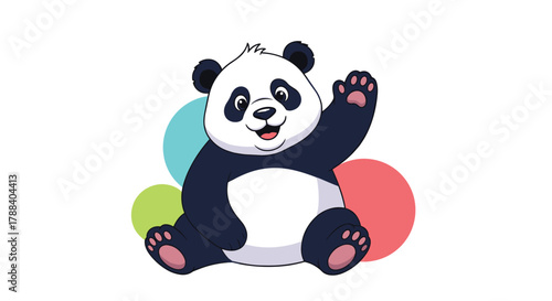 Cute cartoon panda sitting and waving with a happy smile, set against a cheerful background of colorful circles, ideal for playful themes.