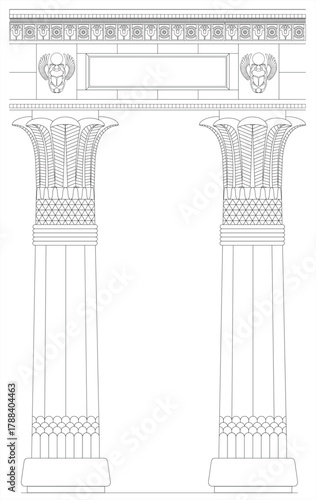 Vector illustration of ancient Egyptian temple columns decorated with hieroglyphic figures, lotus ornaments, and symbolic architectural details.