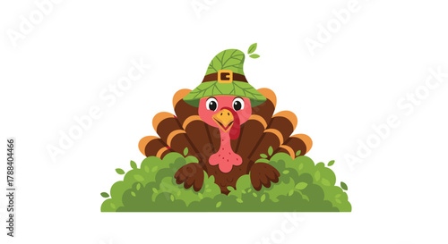 Adorable cartoon turkey in a festive green pilgrim hat hides playfully behind a vibrant green bush, celebrating autumn holidays.