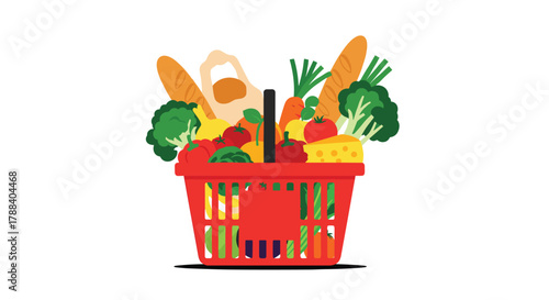 A vibrant red shopping basket overflowing with fresh produce, bread, and cheese, representing a healthy and abundant grocery haul.