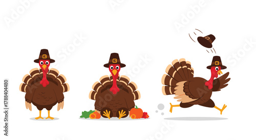 Three cartoon turkeys in pilgrim hats depict various Thanksgiving-themed poses, including standing, sitting with harvest, and running away.